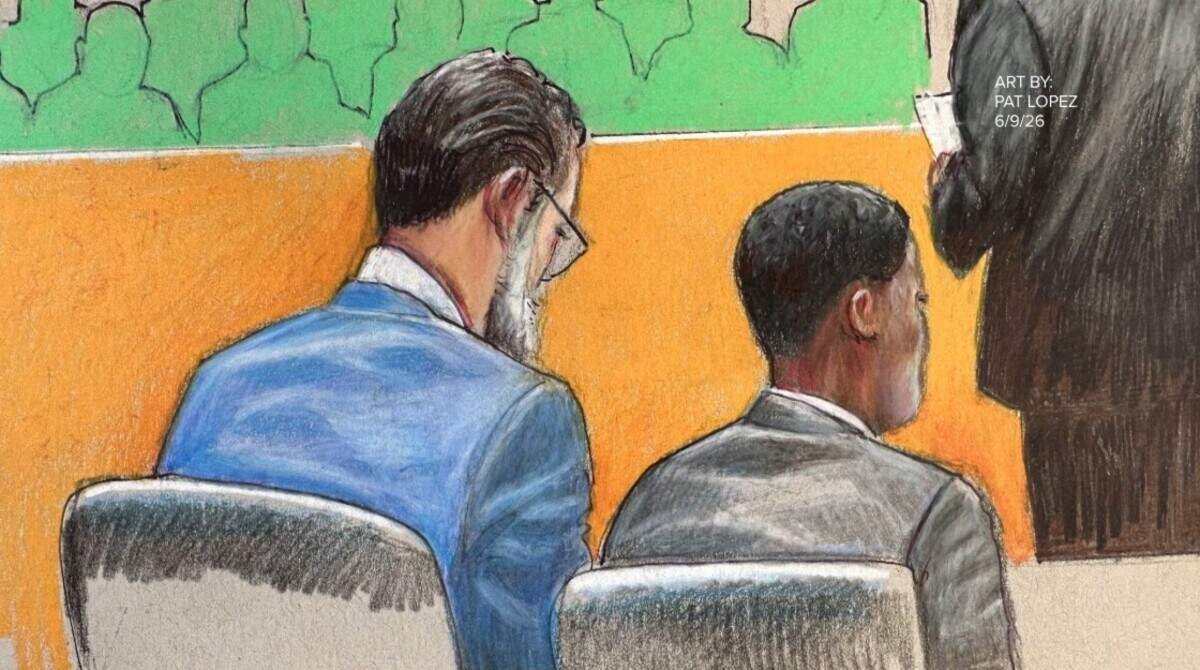 Karmelo Anthony is sketched sitting in court beside his attorney. Anthony, 19, was sentenced in June 2026 to 35 years in prison for stabbing 17-year-old Austin Metcalf in April 2025.